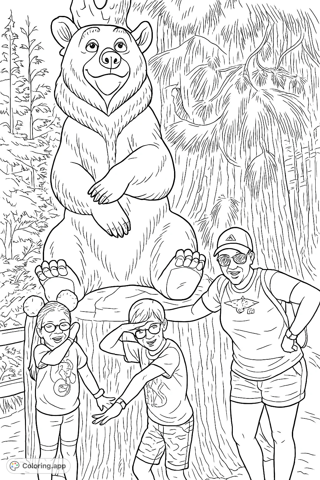 A delightful family poses with a charming carved bear statue in a natural setting. This detailed bear statue coloring page promises hours of creative fun.