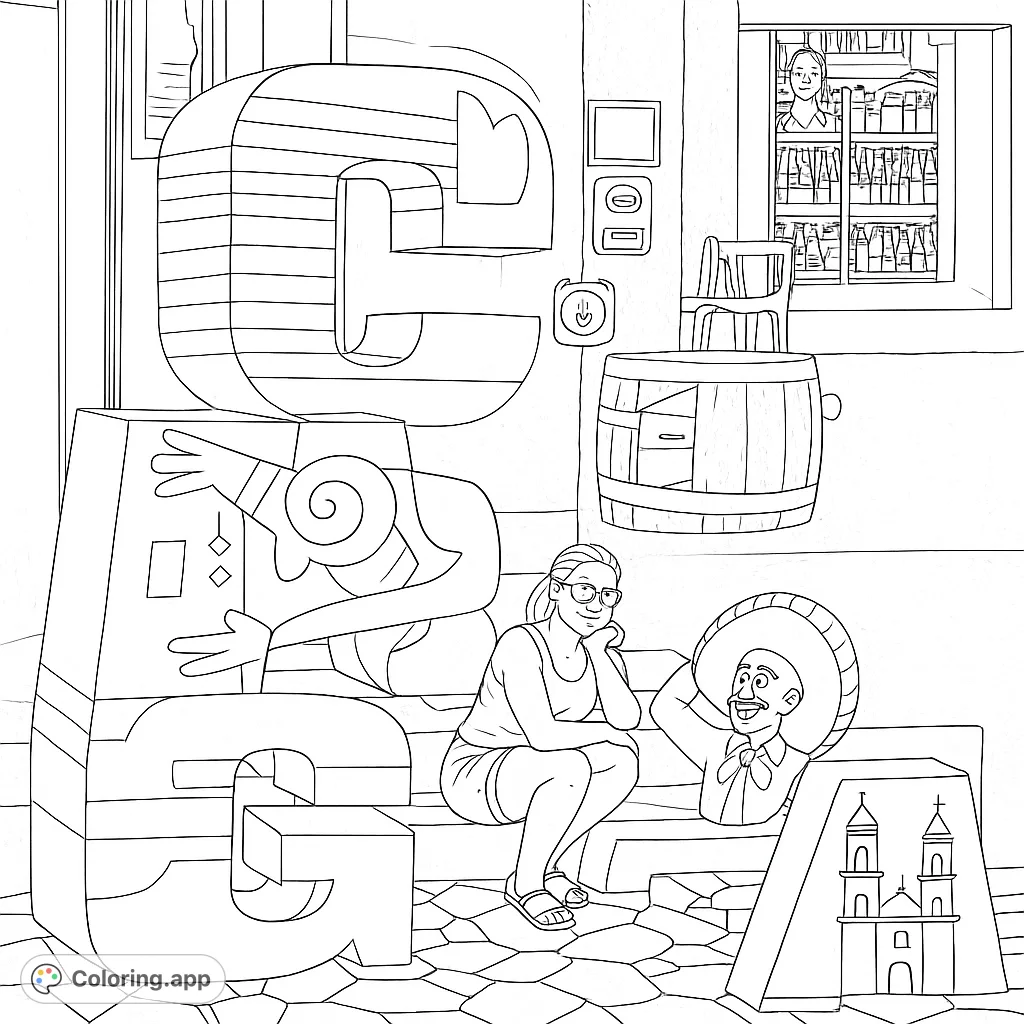 Explore a vibrant town scene with large, artfully decorated letters spelling out a word, surrounded by people and architectural details. A fun, detailed coloring adventure.