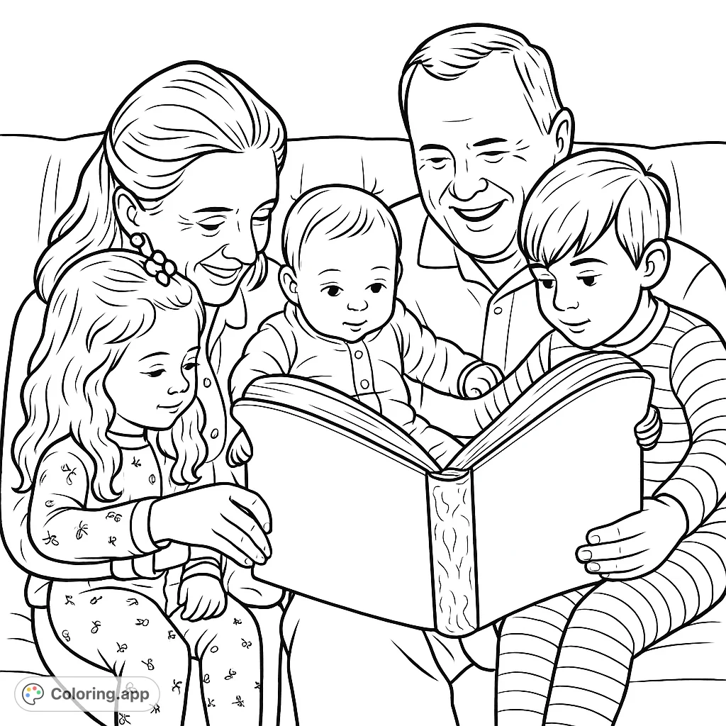 A heartwarming family story time scene featuring two adults and three children gathered around an open book. Perfect for celebrating family bonds and the joy of reading.