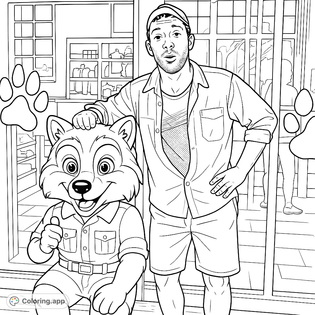 Color a fun scene featuring a man posing with a cheerful wolf mascot statue. Perfect for animal lovers and those who enjoy detailed scenes.