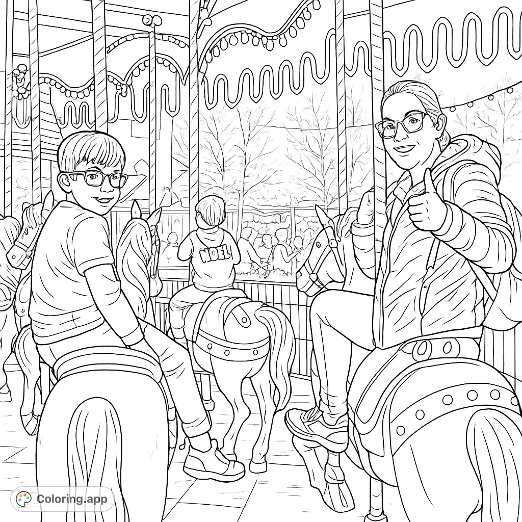 Capture the fun of a family day at the amusement park with this delightful carousel ride coloring page, featuring happy riders.