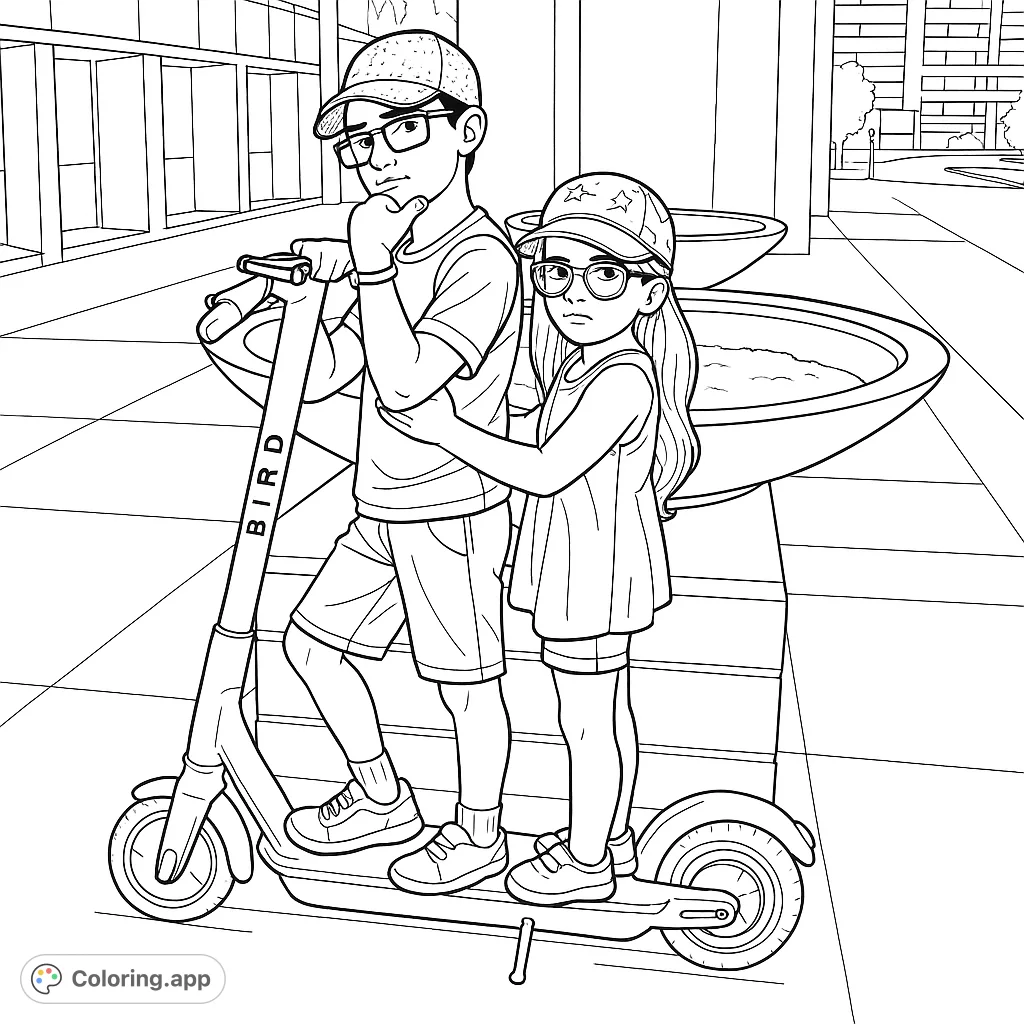 An engaging coloring page featuring two children on an electric scooter in an urban setting. Perfect for exploring city scenes and family adventures.