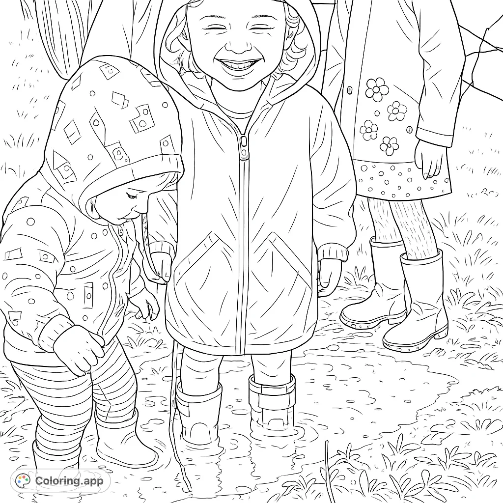 Delightful scene of children playing in a puddle, featuring happy faces, patterned rain gear, and a stick for splashing. A fun, free printable coloring page.