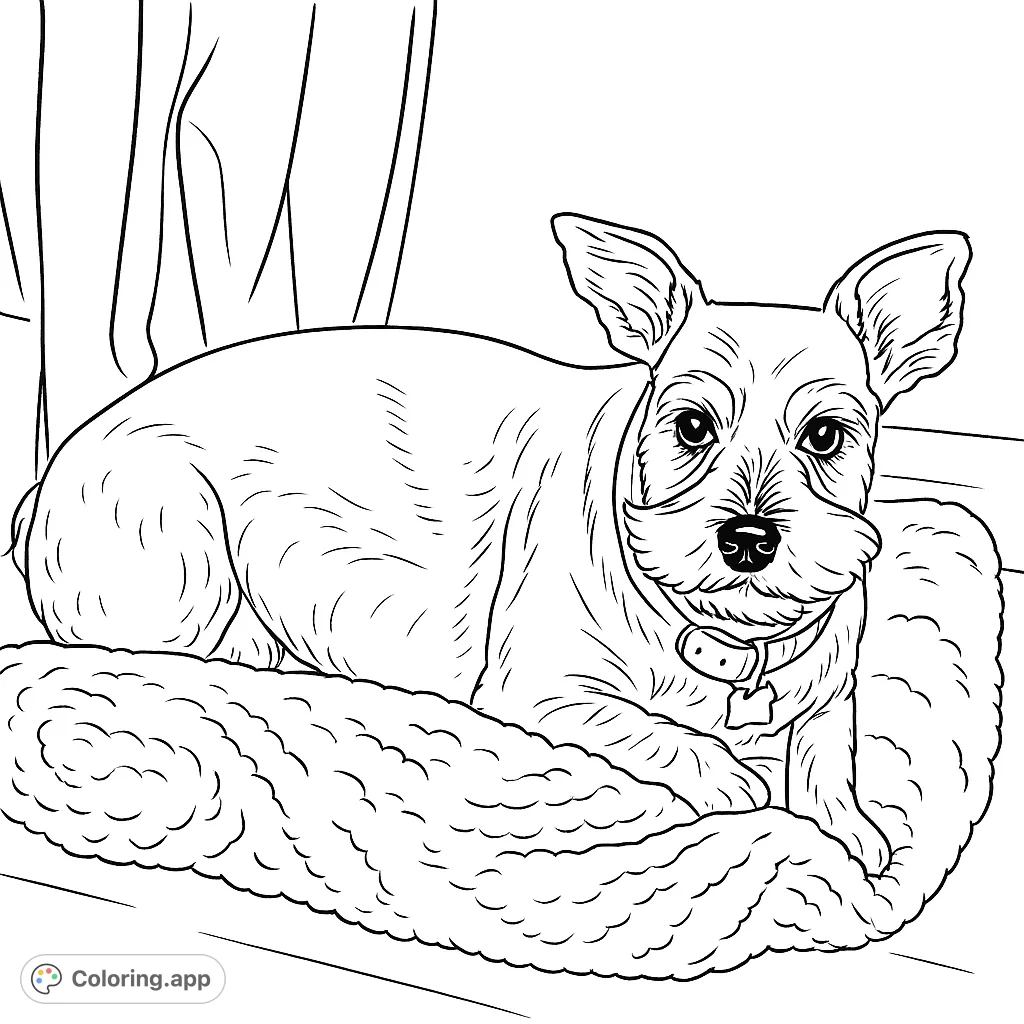 A charming dog with a distinctive beard and perked ears rests peacefully on a soft blanket. This delightful schnauzer coloring page offers a relaxing creative experience.