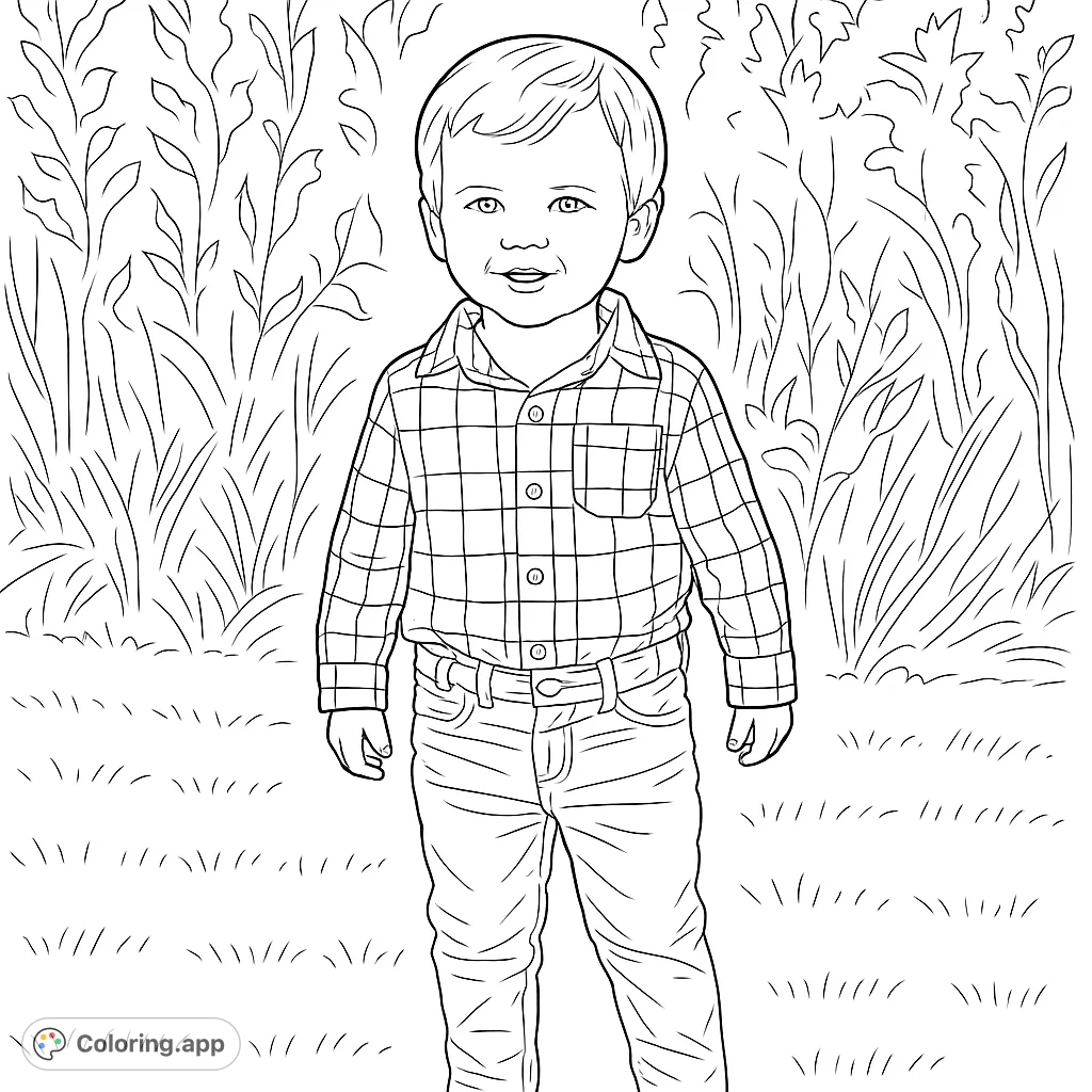 A cheerful child in a plaid shirt stands in a grassy outdoor setting, ready for a creative splash of color. Perfect for young artists to personalize.