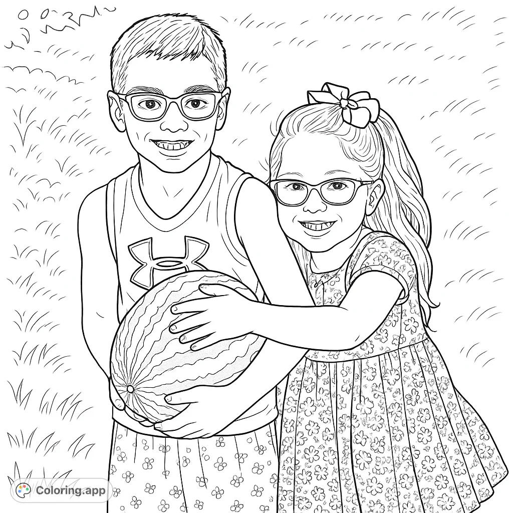 A cheerful boy and girl share a moment with a large watermelon in a grassy setting. Perfect for capturing summer joy.