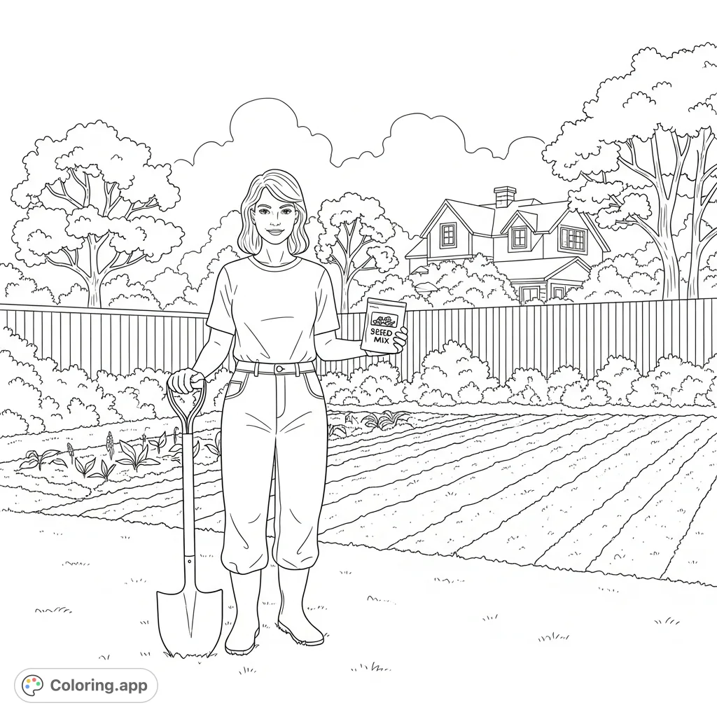 A woman stands in her home garden, holding a shovel and seed mix, ready to plant. Features a freshly plowed garden bed and a charming backyard scene.