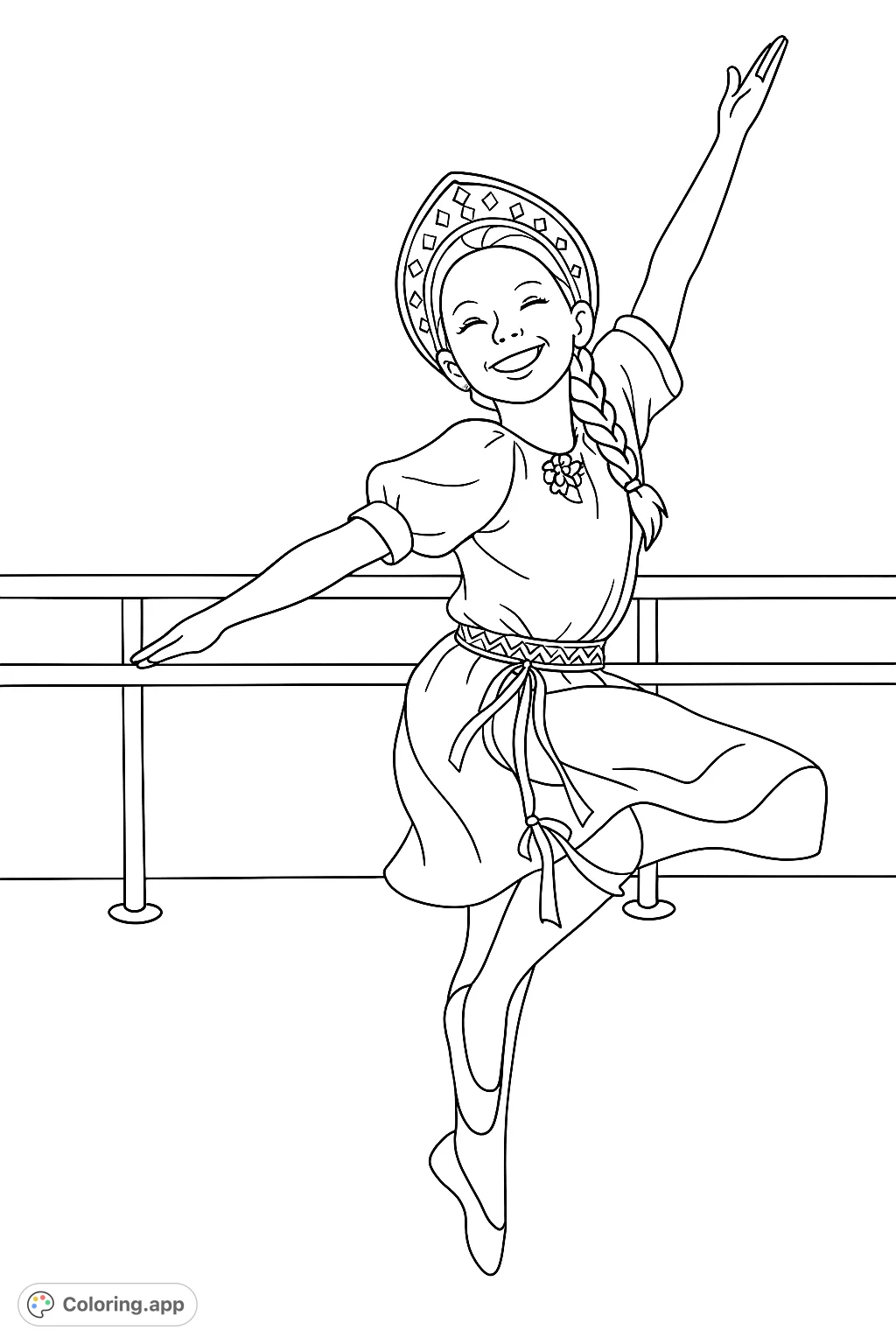 A joyful young dancer in traditional attire, mid-leap, celebrating movement and cultural performance. A vibrant folk dance coloring page for all ages.