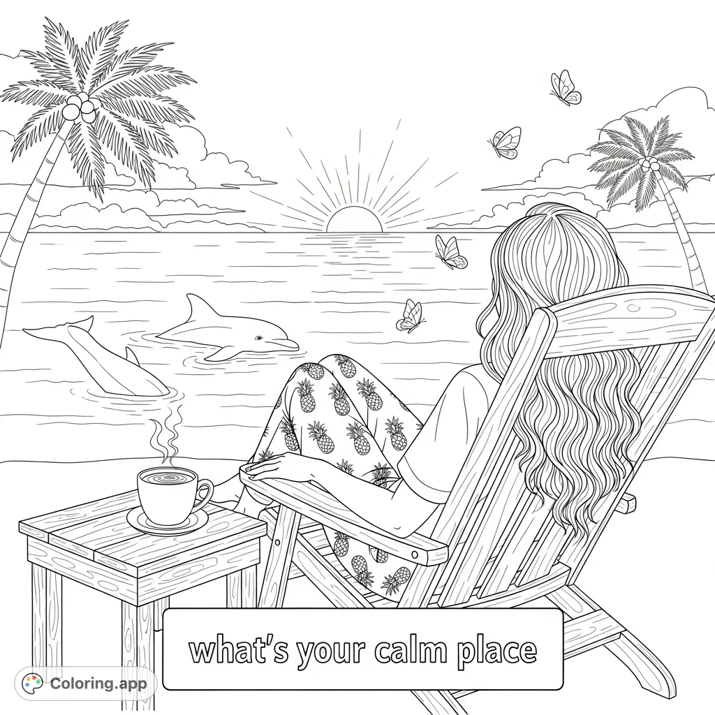 Relax with this beach coloring page featuring a woman on a wooden chair, gentle waves, playful dolphins, butterflies, palm trees, and a thoughtful quote.