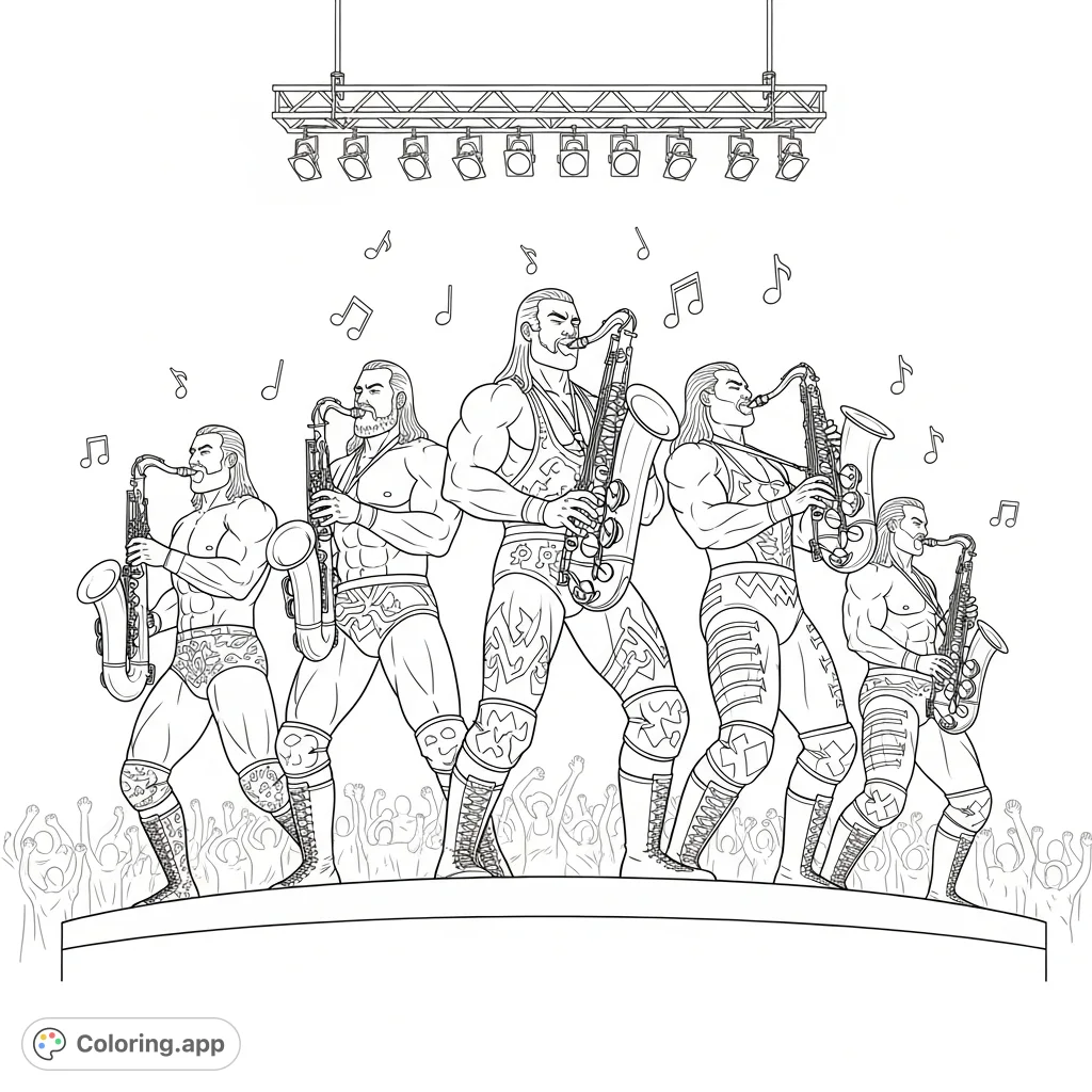 An action-packed WWE wrestlers playing saxophone coloring page. Muscular figures in detailed outfits jam on various saxophones on a stage, ready for your artistic touch.