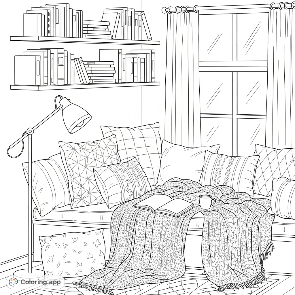 Comfort Coloring Pags Cozy Reading Nook Comfort - Coloring.app