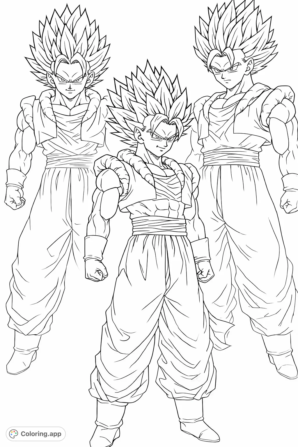 Unleash your creativity with this dynamic fusion fighter coloring page. Features a powerful anime character with a glowing aura and two ghostly figures.