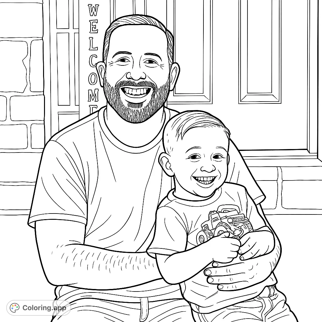 A heartwarming coloring page featuring a smiling father and child sitting together, ready for creative expression. Perfect for family-themed fun!