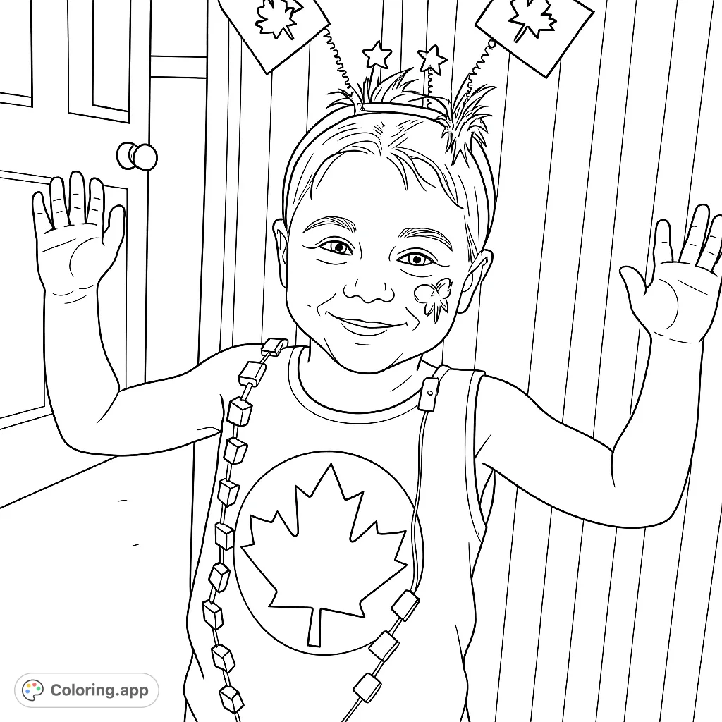 A joyful child celebrating with a maple leaf shirt, festive headband, and face paint. This patriotic child coloring page is perfect for creative fun!