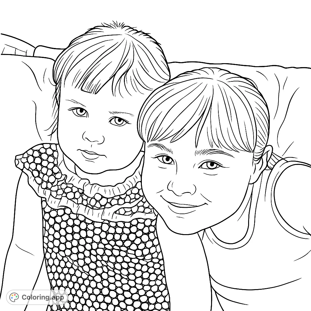 A heartwarming scene of two young girls sharing a joyful moment, featuring a charming patterned dress and gentle smiles. Perfect for creative expression.