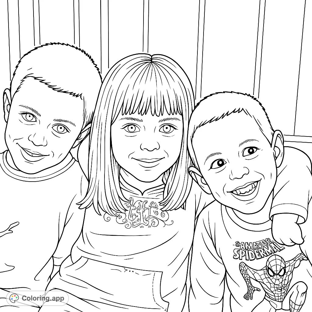 A heartwarming portrait of three smiling children, two boys and a girl, embracing closely with joyful expressions against a simple background.