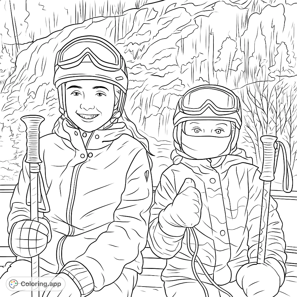 Capture the spirit of winter adventure with two friends in full ski gear, set against a majestic, snow-covered mountain with intricate ice formations.