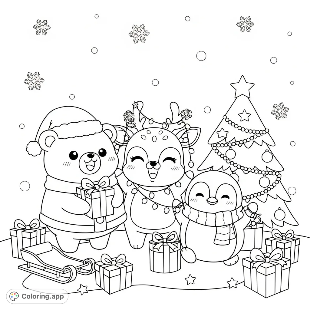 Adorable kawaii animals, including a bear, deer, and penguin, celebrate Christmas with gifts and a decorated tree. A charming and simple festive scene.