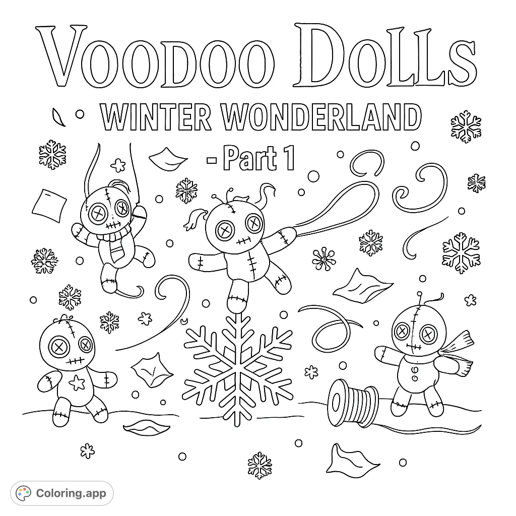 Enter a whimsical winter wonderland with adorable voodoo dolls! This charming coloring page features playful stitched characters amidst snowflakes and swirling patterns.