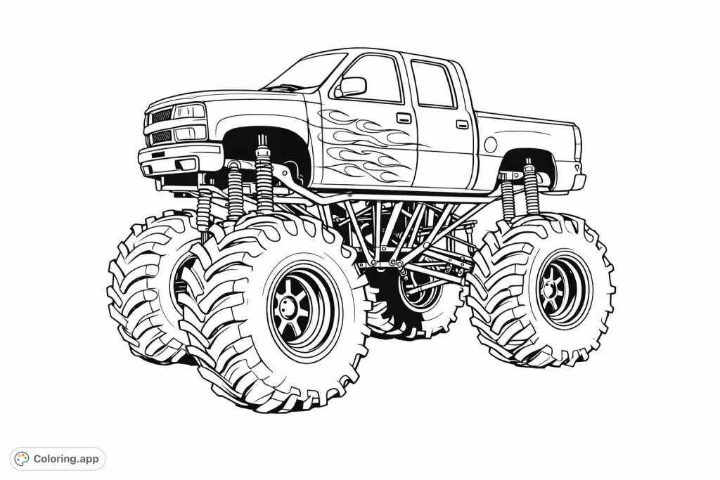 Gear up for high-octane fun with this monster truck coloring page! Featuring a powerful vehicle with giant tires and fiery patterns, it's ready for your creative touch.