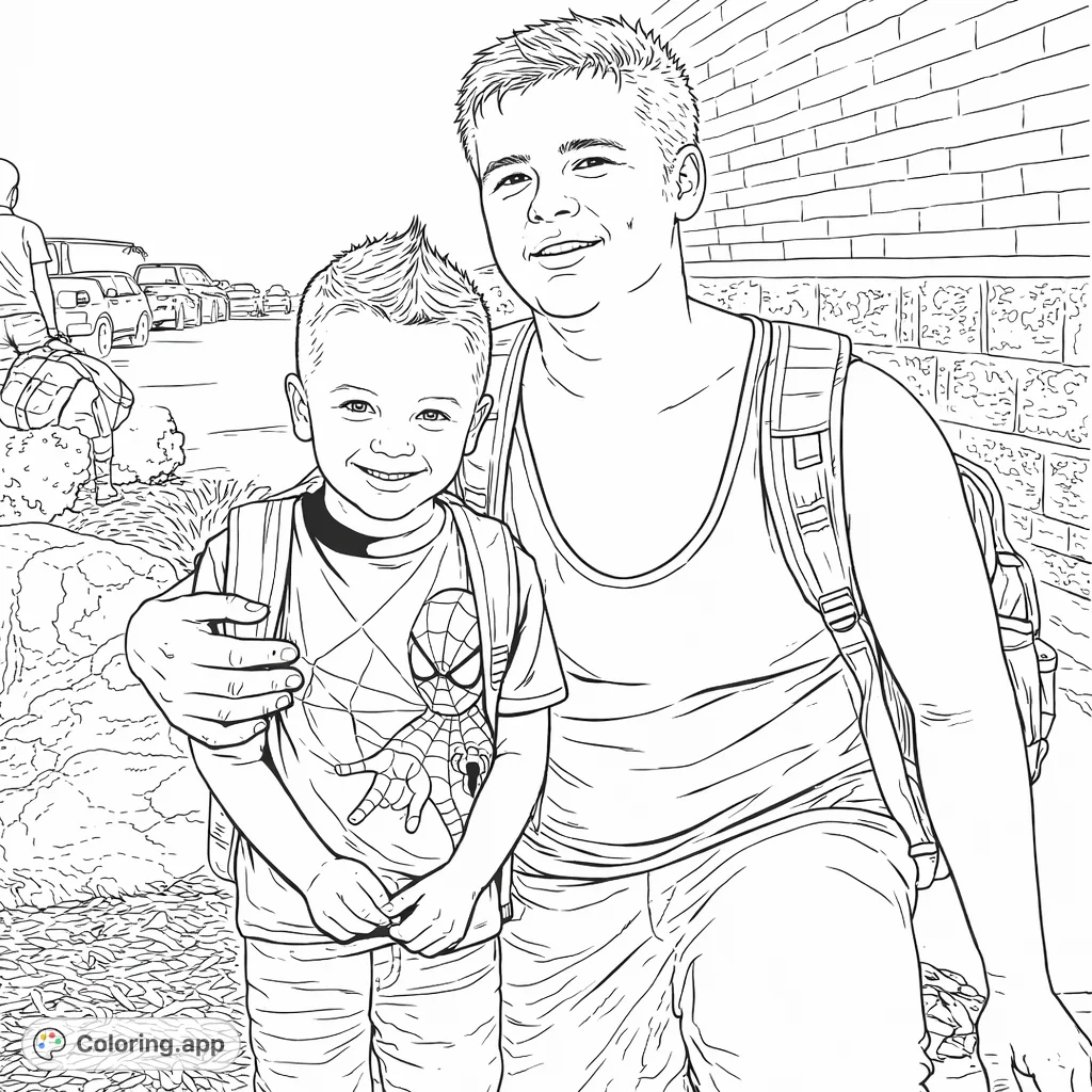 A heartwarming coloring page featuring two smiling individuals, an adult and a young child with a spiky hairstyle, sharing a moment outdoors. Perfect for all ages.