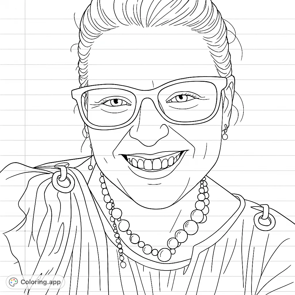 A detailed portrait of a smiling woman wearing glasses and a layered necklace, offering a delightful and expressive coloring experience.