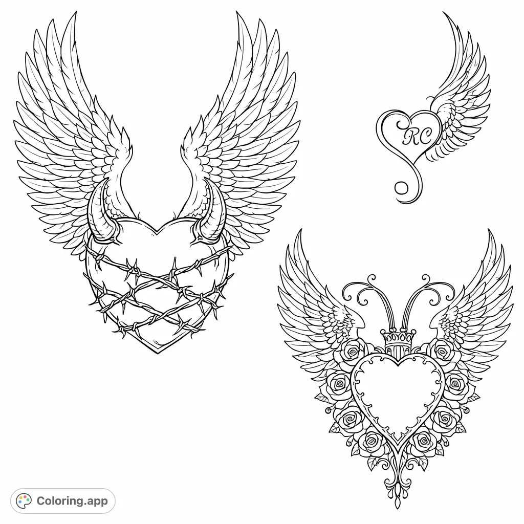 Explore a collection of three unique winged heart designs, featuring intricate details like barbed wire, roses, and decorative flourishes.