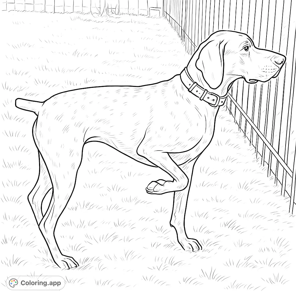 Discover an alert dog, paw lifted, observing its surroundings by a fence. A captivating dog coloring page for all ages.