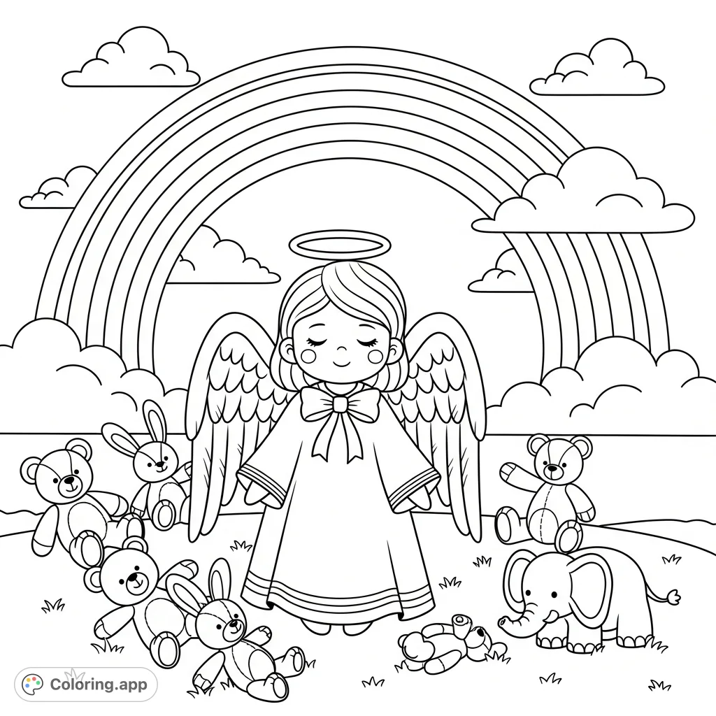 An enchanting angel surrounded by adorable stuffed animals and a beautiful rainbow. A serene scene for peaceful coloring fun.