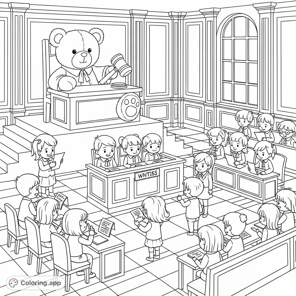 A whimsical courtroom coloring page featuring children in various roles and a charming teddy bear presiding as the judge. An imaginative scene for young colorists.