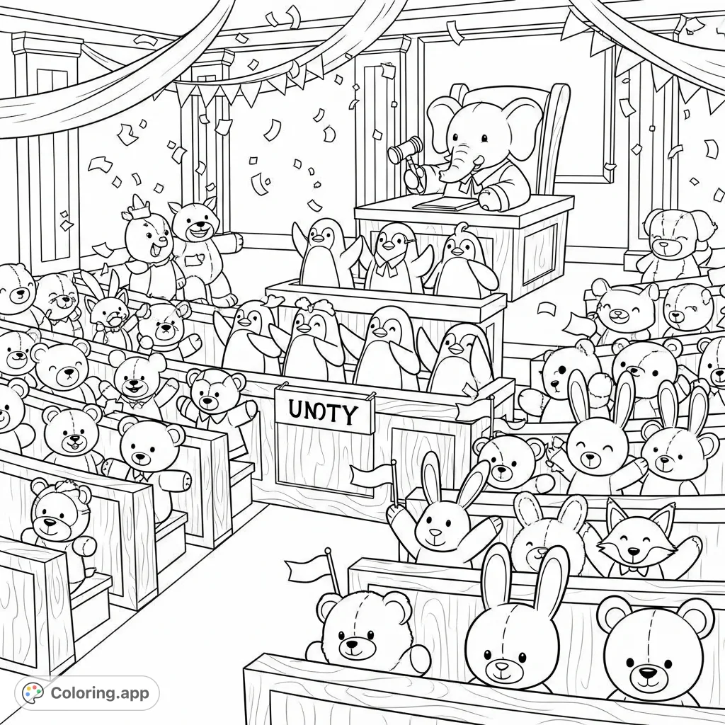 Witness a whimsical courtroom filled with celebrating stuffed animals! An elephant judge presides over a penguin jury amidst a joyful assembly of plush creatures.