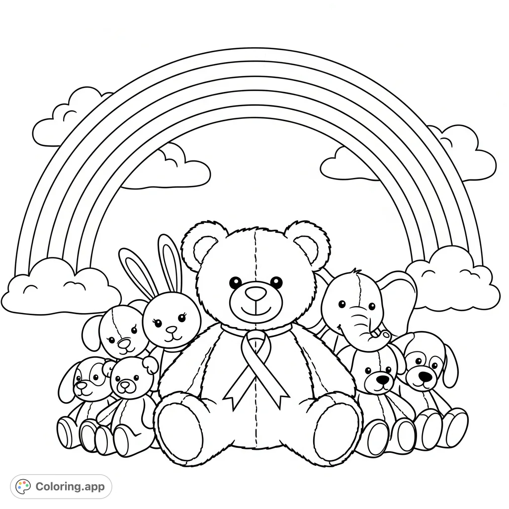 A heartwarming teddy bear wearing an awareness ribbon, surrounded by cuddly stuffed animals and an arching rainbow. Perfect for comfort and creative expression.