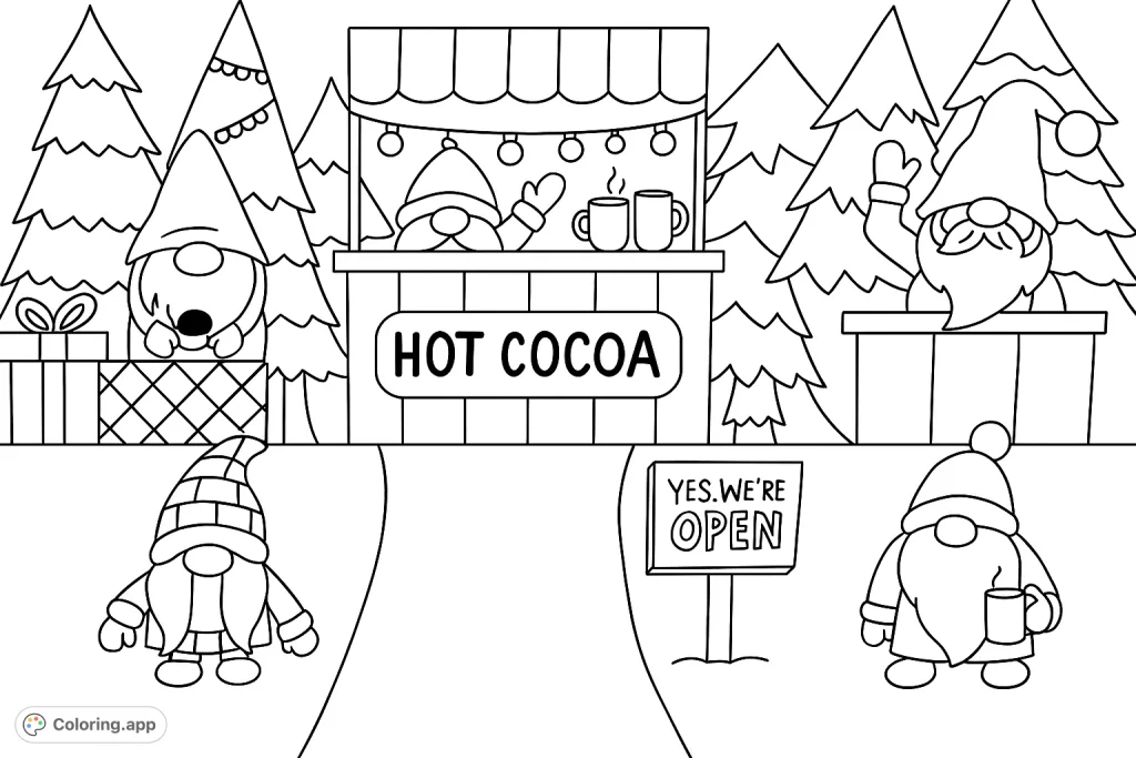 Enjoy this whimsical festive scene! Gnomes serve hot cocoa amidst snowy trees and presents, perfect for holiday cheer and creative coloring.