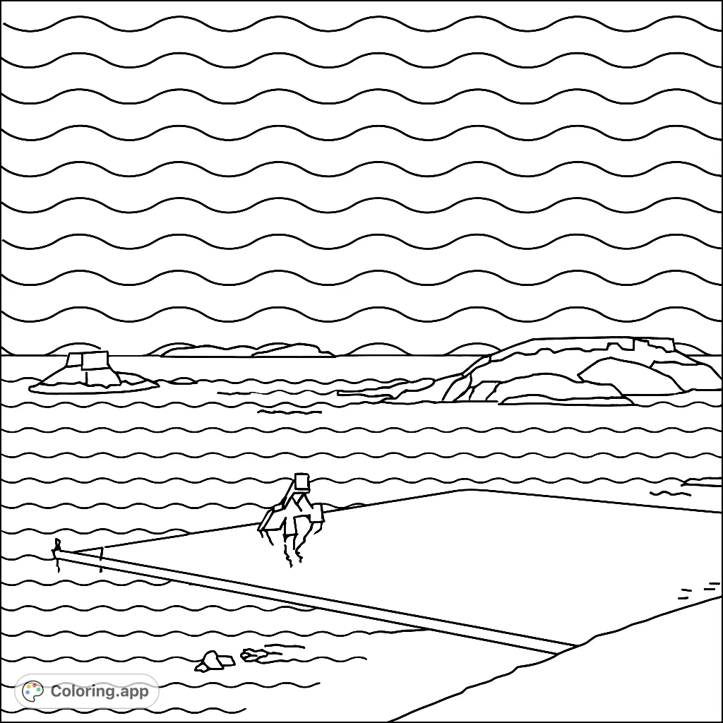 Explore a scenic coastal landscape featuring a unique sea pool, an iconic diving platform, and a historic fort on a rocky island. A coastal coloring page adventure.