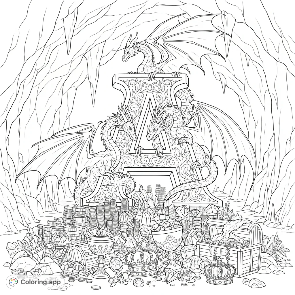 An intricate capital 'A' entwined with diverse dragons guarding a vast treasure hoard in a rocky lair. Perfect for fantasy fans.