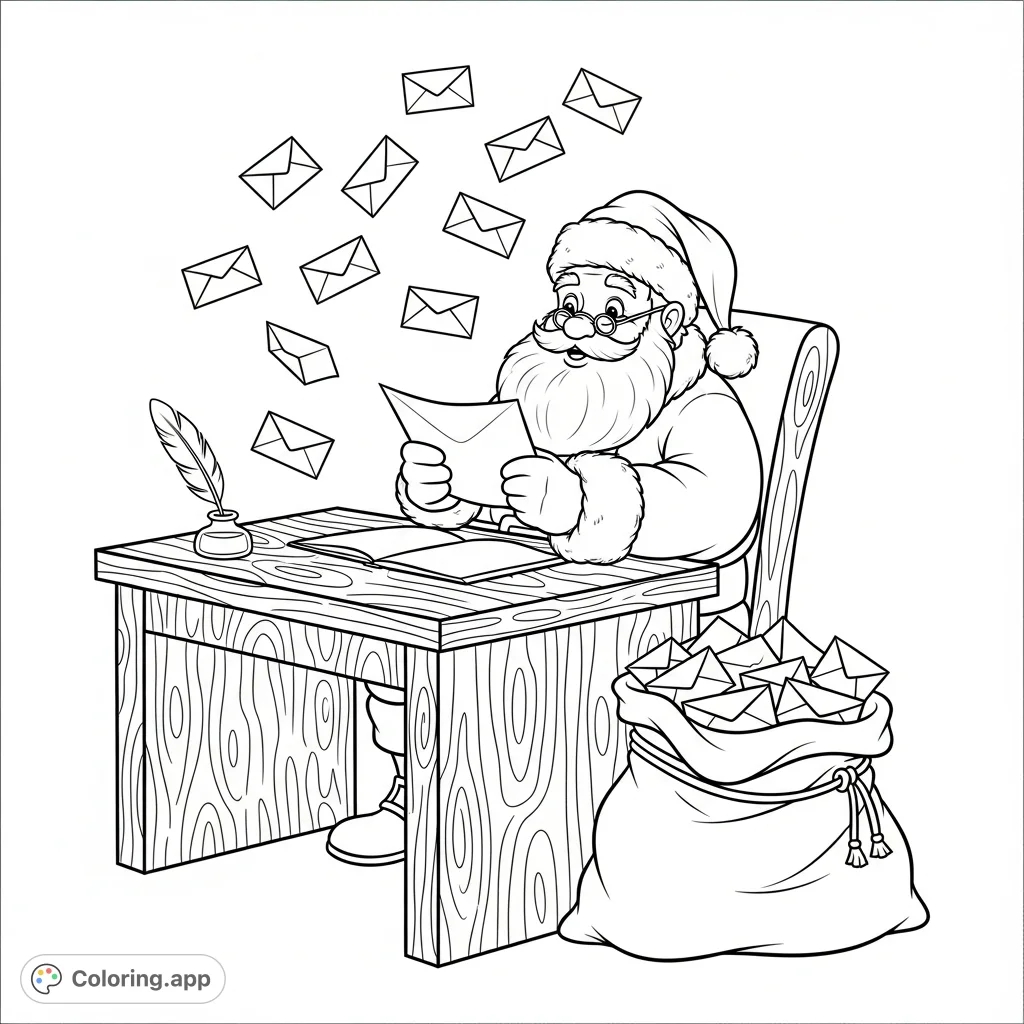 Join Santa Claus in his cozy mailroom, reading heartfelt letters from children amidst a flurry of enchanting envelopes and a bulging sack of festive mail.