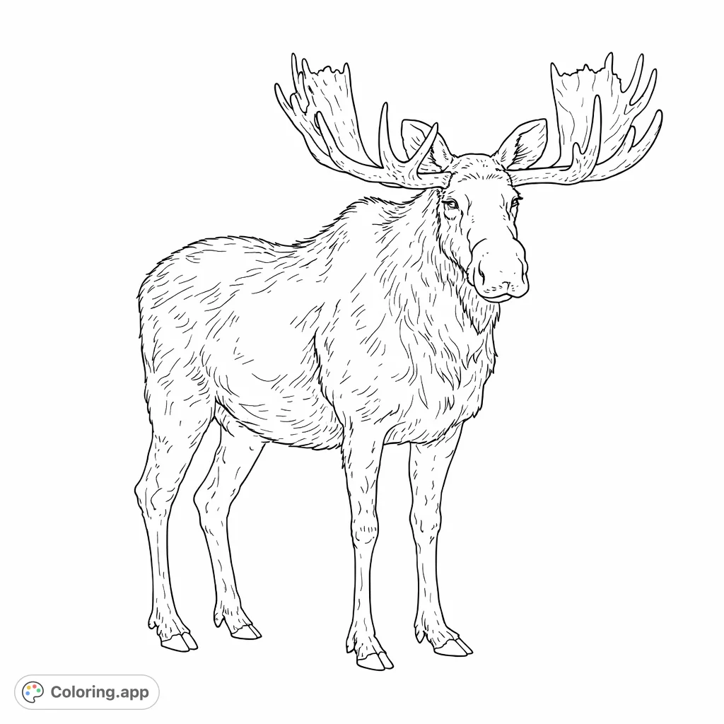 Color a grand moose with magnificent antlers, standing tall. Capture the intricate details of its fur and powerful stance in this wild animal scene.