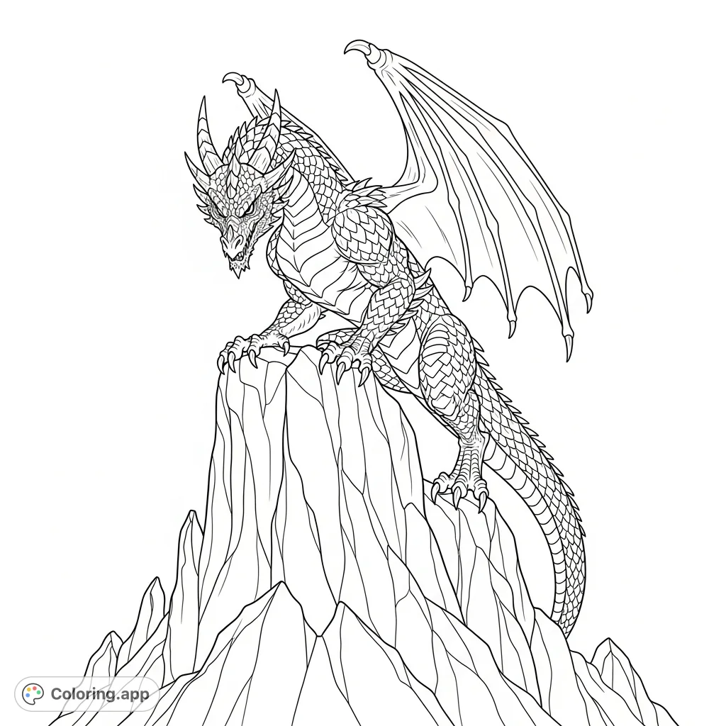 An imposing, angry fantasy dragon perches atop a jagged rock, looking down with intense gaze, ready to be brought to life with your colors.