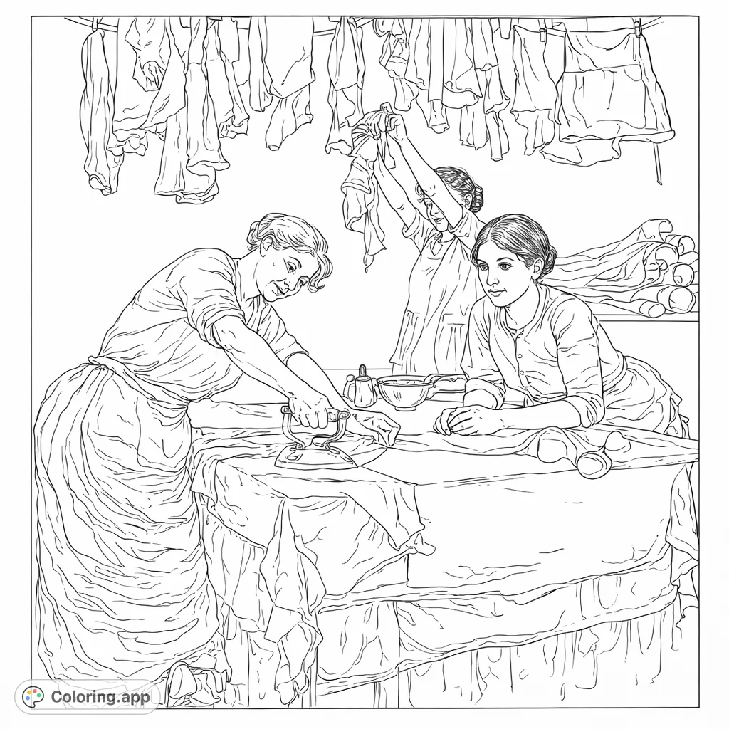 Color a detailed historical scene featuring three figures diligently performing laundry tasks, with intricate fabrics and a classic domestic setting.