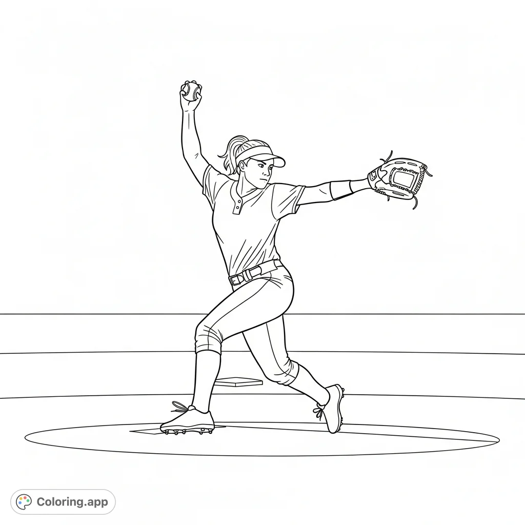 Capture the power and grace of a softball pitcher in mid-wind-up on a bright, sunny field. An exciting sports coloring page for all ages.
