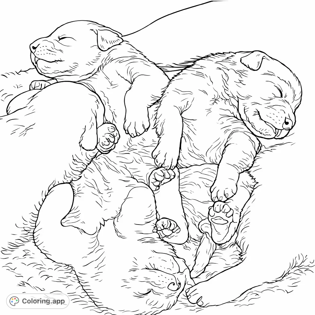 Snuggle up with this adorable puppy coloring page! A pile of peaceful, sleeping pups invites a soft palette for a heartwarming scene.