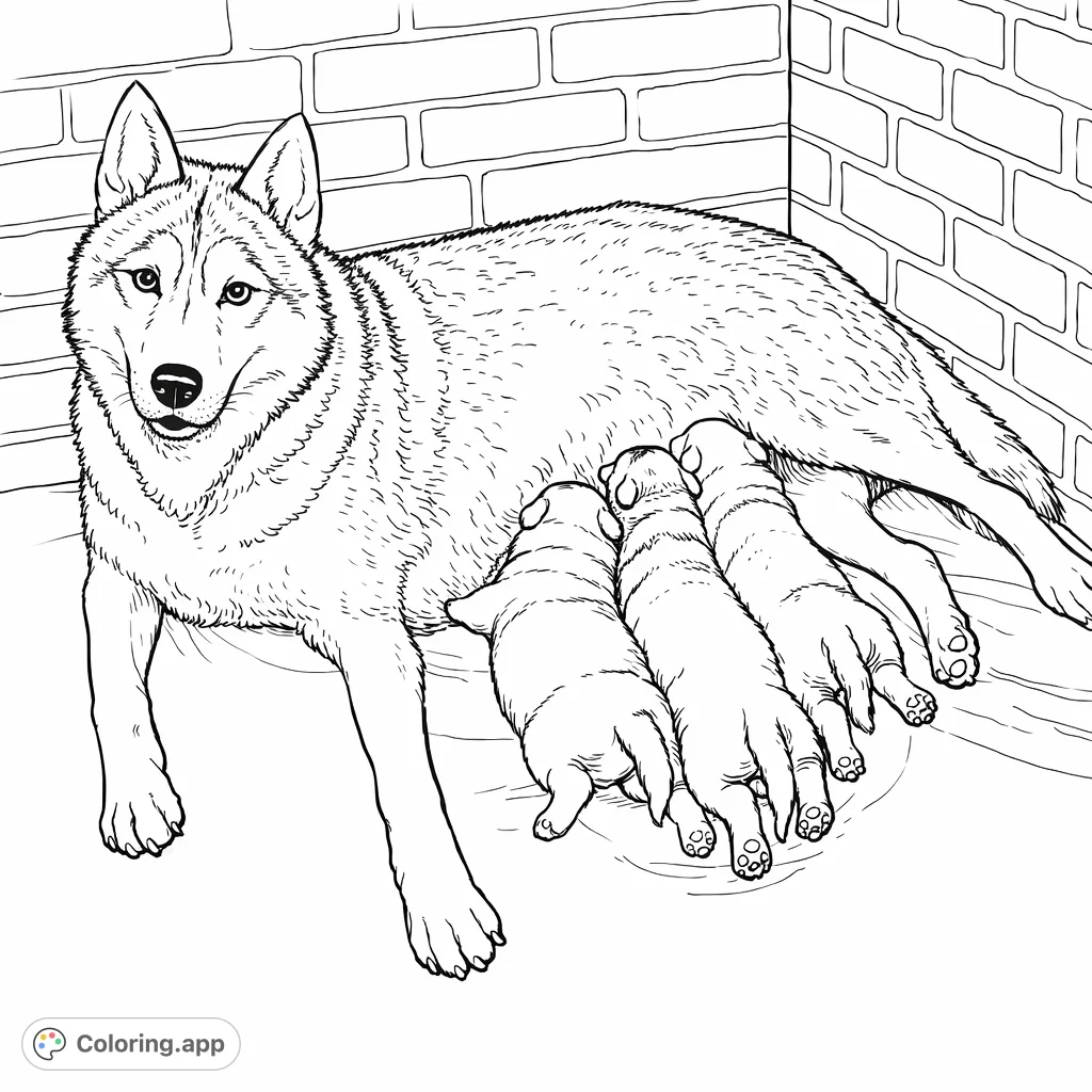 Discover a heartwarming husky coloring page featuring a loving mother dog nursing her adorable puppies. A tender scene perfect for all animal lovers.