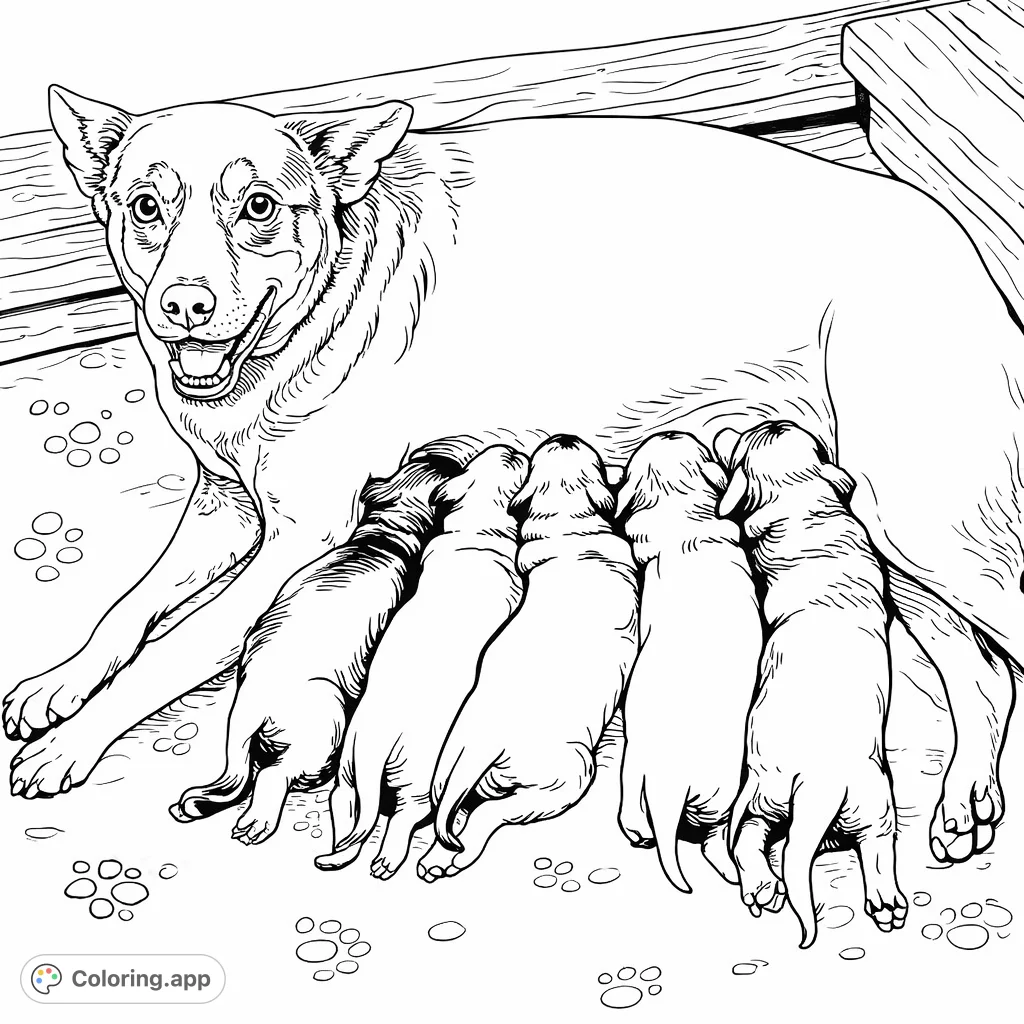 A heartwarming scene of a devoted mother dog lovingly nursing her litter of adorable puppies. Perfect for animal lovers of all ages.