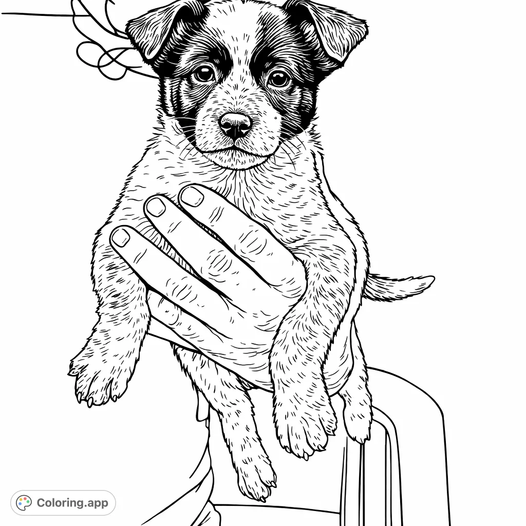 An endearing speckled puppy rests gently in caring hands, its distinctive markings and soft fur waiting to be brought to life with your chosen colors.