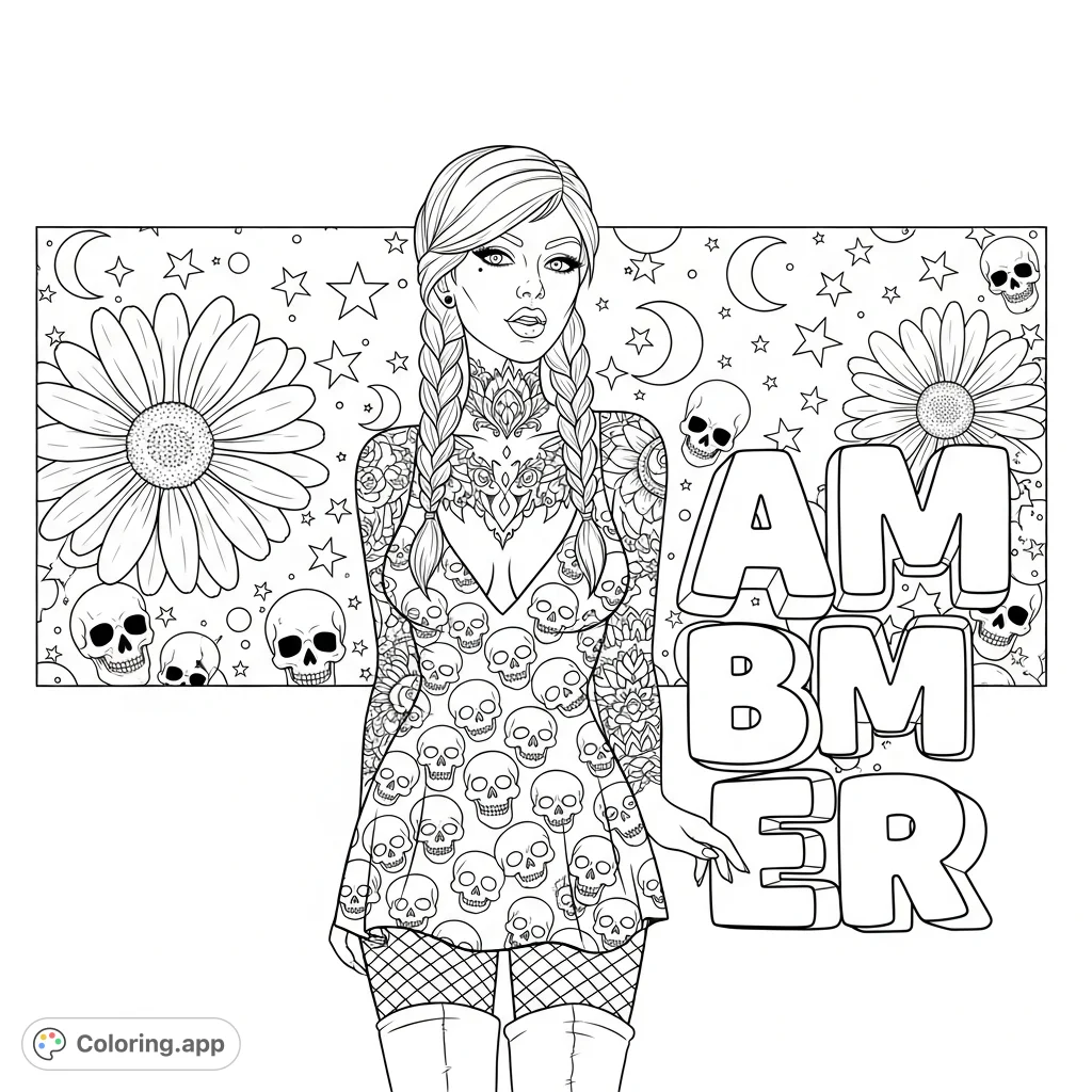 A striking gothic woman in a skull-patterned dress, with braided hair and intricate tattoos, stands against a vibrant graffiti wall with daisies, skulls, and celestial elements. The name "Amber" floats nearby, adding a personal touch.