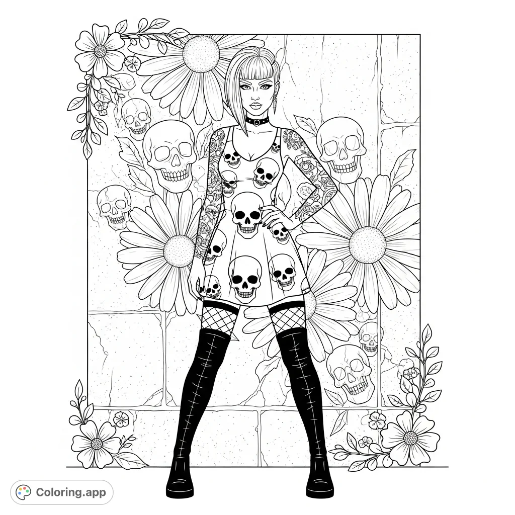 An edgy gothic punk woman coloring page featuring a confident pose, punk fashion, skull prints, fishnet stockings, intricate tattoos, and graffiti background.