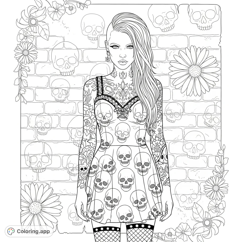 An intense gothic punk woman coloring page featuring a skull-patterned dress, elaborate tattoos, and fishnet stockings against a graffiti brick wall.