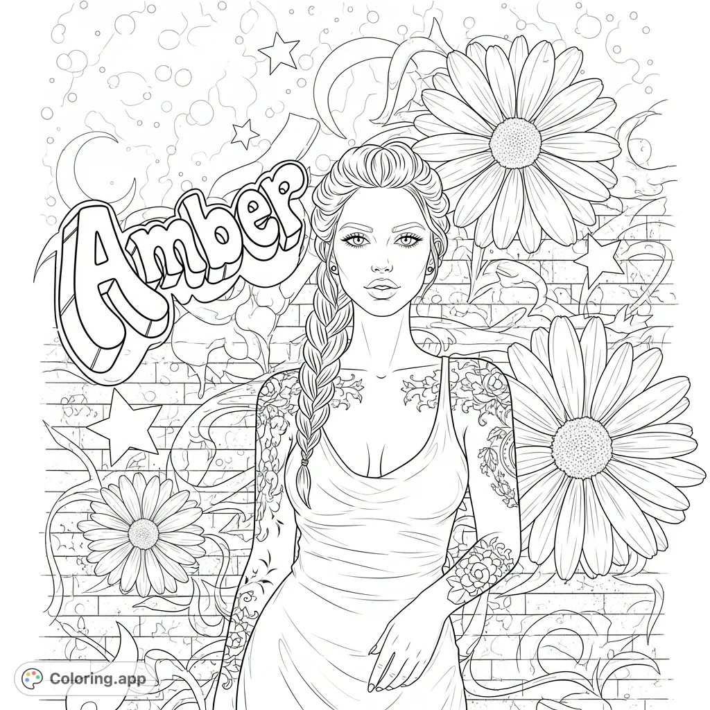 Detailed gothic woman portrait featuring intricate braided hair, delicate tattoos, and a confident pose against a graffiti wall with large daisies and floating "Amber" text.