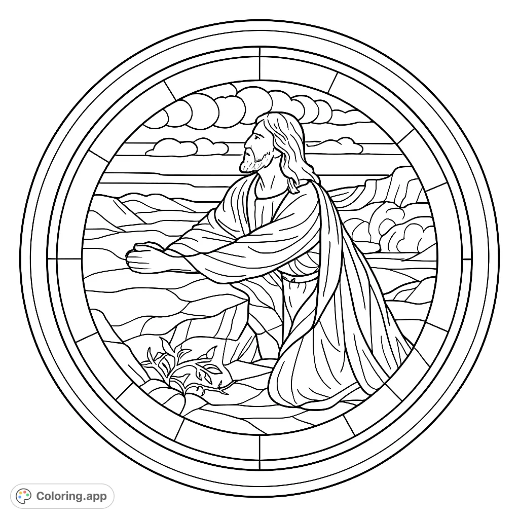 Color a detailed religious figure in a beautiful stained glass style, set against a dramatic landscape. Perfect for spiritual reflection and artistic expression.