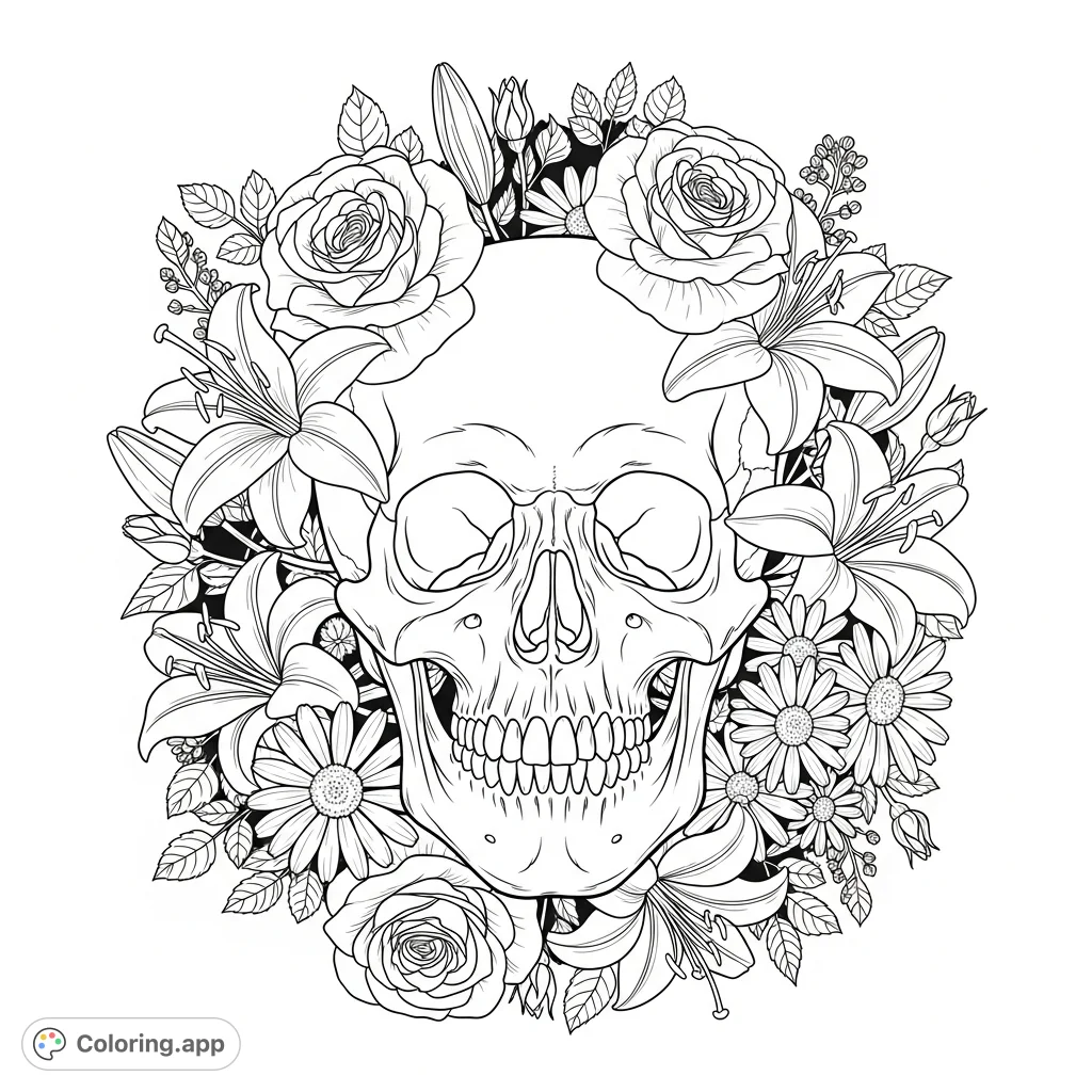 A strikingly realistic human skull adorned with an intricate arrangement of detailed flowers and leafy vines, perfect for contemplative coloring.